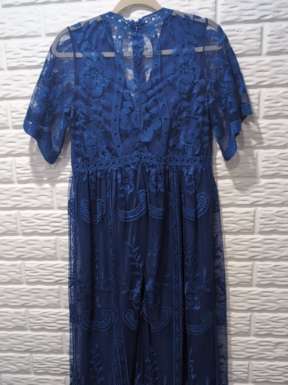 Pinkblush Royal Blue Lace Mesh Maternity Midi Dress Size M Short Bell Sleeves